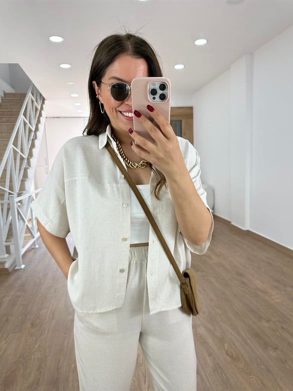 Yarasa Kol Naturel Keten Takım-Bej