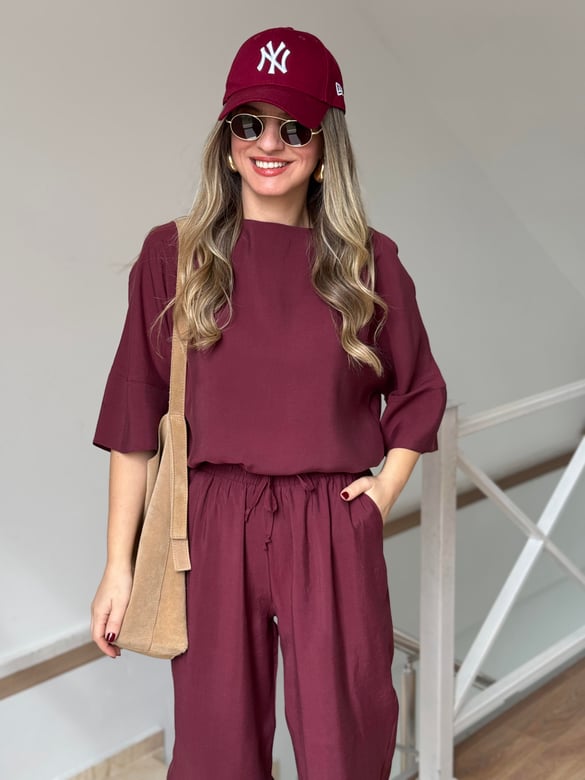 Yarım Kol Salaş Tencel Takım - Bordo