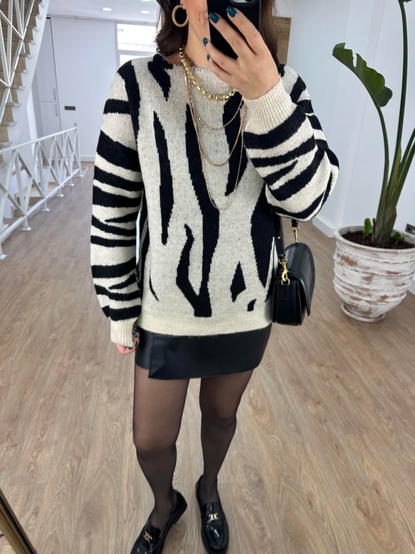 Zebra Desen Kayık Yaka Kazak-Taş