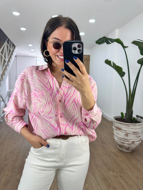 Zebra Desen Tensel Gömlek-Pembe
