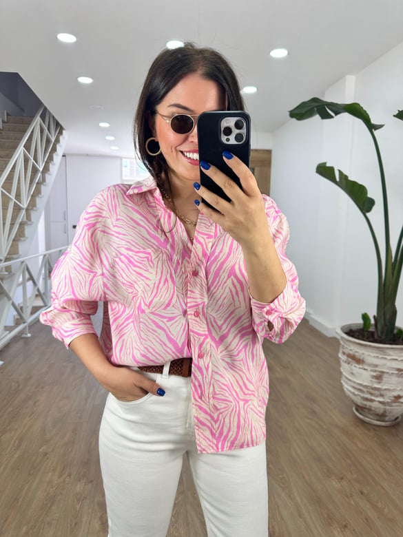 Zebra Desen Tensel Gömlek-Pembe