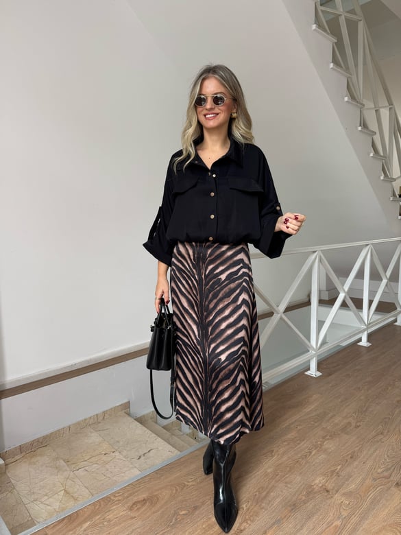 Zebra Desenli Midi Boy Etek - Kahverengi