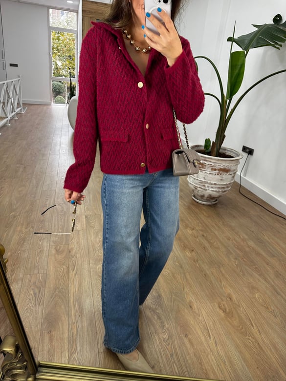 Zigzag Desen Triko Ceket - Bordo