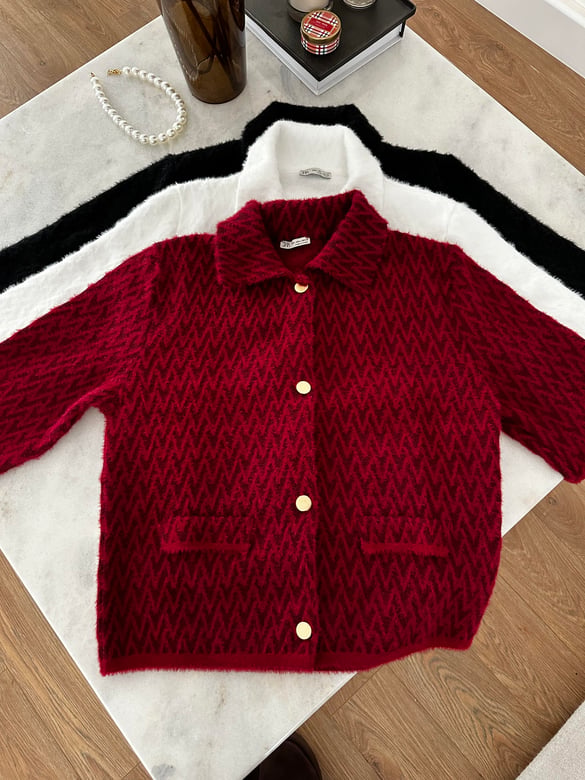 Zigzag Desen Triko Ceket - Ekru