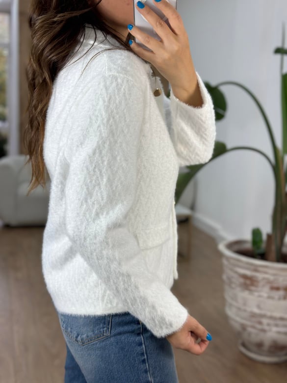 Zigzag Desen Triko Ceket - Ekru