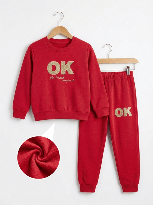 001810 Ok Punch İşlemeli Erkek Çocuk Takım KIRMIZI