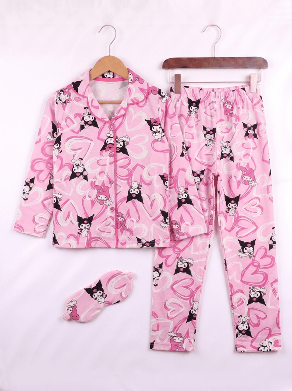 008021 Göz Bantlı Kuromi Desenli Pijama Takımı PEMBE