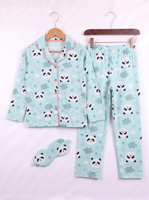 008027 Göz Bantlı Ayıcık Desenli Pijama Takımı YEŞİL