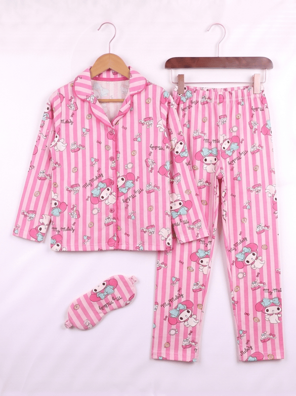 008038 Göz Bantlı Mymelodi Desenli Çizgili Pijama Takımı PEMBE