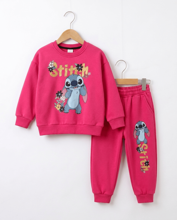 0110 Stitch Başlıklı Şardonlu Kız Takım PEMBE