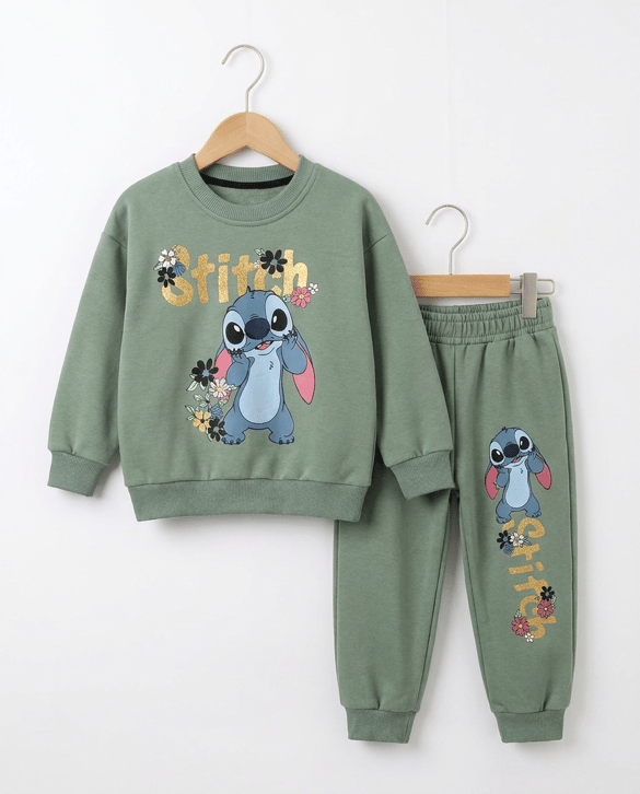 0110 Stitch Başlıklı Şardonlu Kız Takım YEŞİL