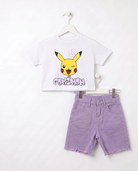 013062 Pokemon Baskılı Şortlu İkili Kız Takım MOR