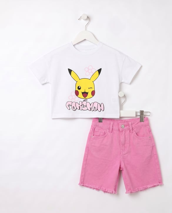 013062 Pokemon Baskılı Şortlu İkili Kız Takım PEMBE