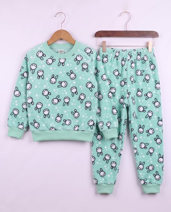 0810-1 Tavşan Desenli Polar Pijama Takımı YEŞİL