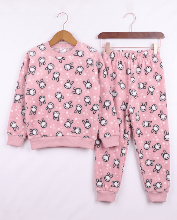 0810-1 Tavşan Desenli Polar Pijama Takımı PEMBE