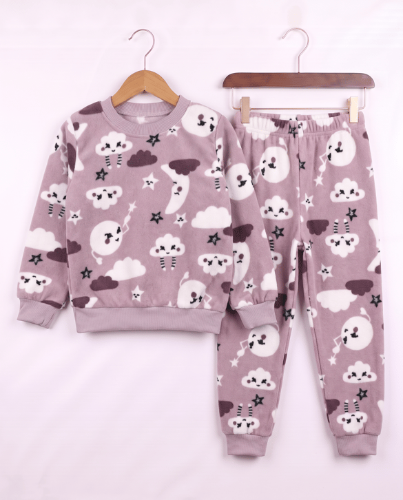 0810-3 Bulut Desenli Polar Pijama Takımı LİLA