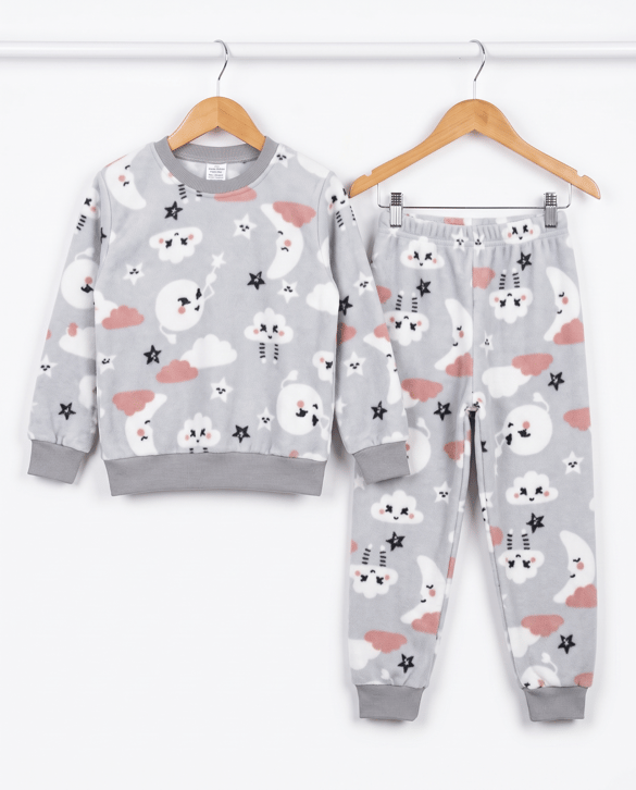 0810-3 Bulut Desenli Polar Pijama Takımı GRİ