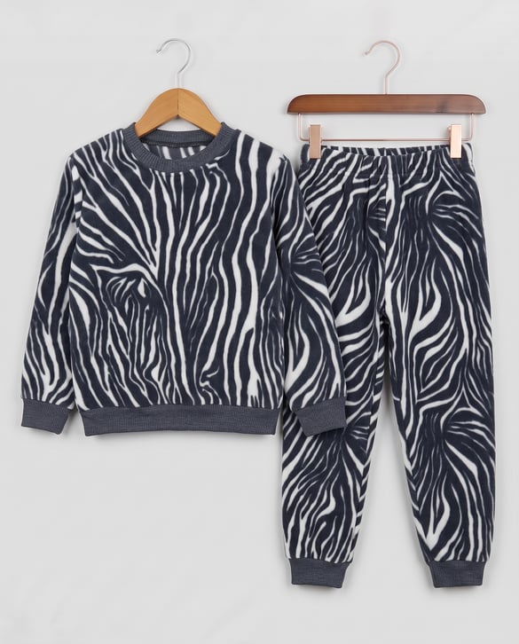 0810-5 Zebra Desenli Polar Pijama Takımı LACIVERT