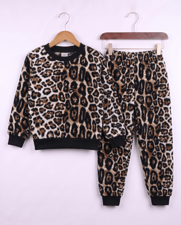 0810-6 Leopar Desenli Polar Pijama Takımı KAHVE