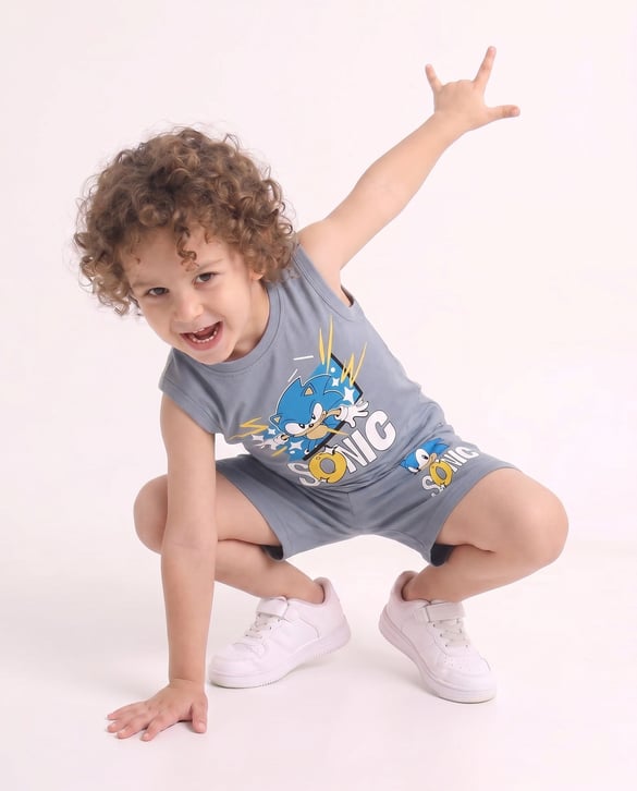 1304-3 Sonic Baskılı Askılı Şortlu İkili Erkek Çocuk Takım MAVİ