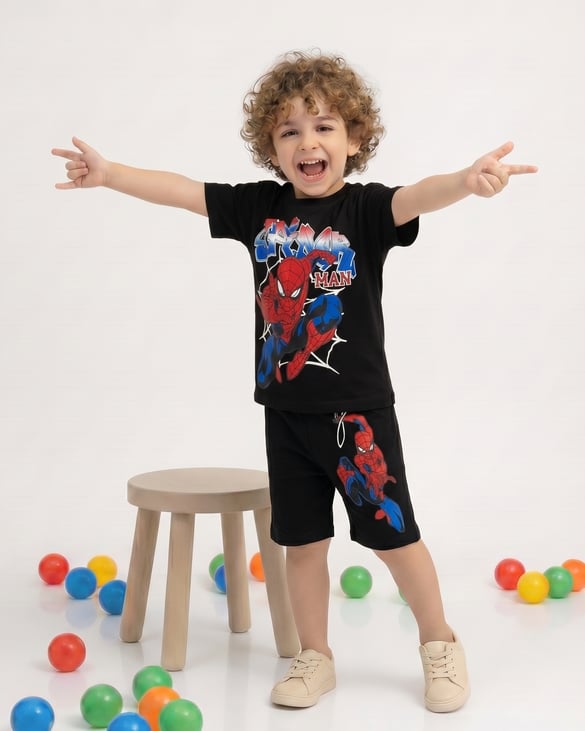 1305-30 Spiderman Baskılı İkili Şortlu Erkek Çocuk Takım SİYAH
