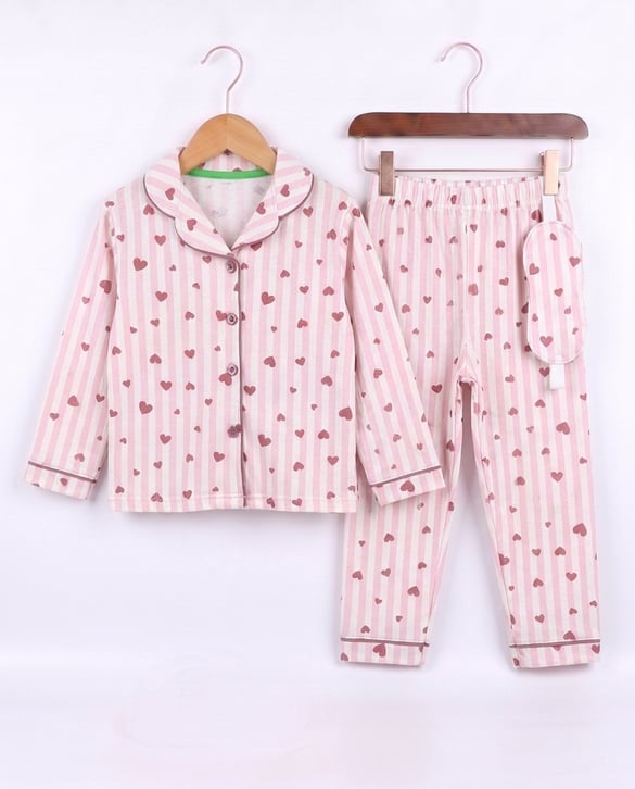 1707 Kalp Baskılı Pijama Takımı PEMBE