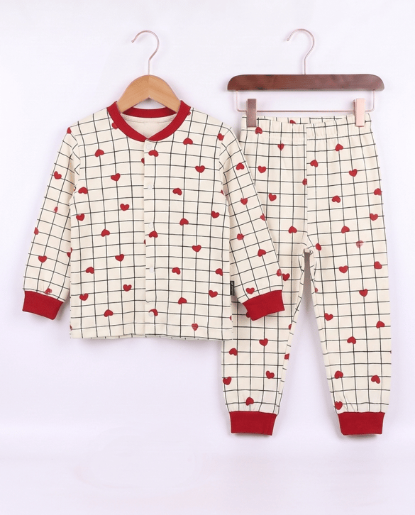 17556 Kalp Baskılı Çıtçıtlı Pijama Takımı KIRMIZI