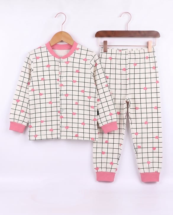17556 Kalp Baskılı Çıtçıtlı Pijama Takımı PEMBE