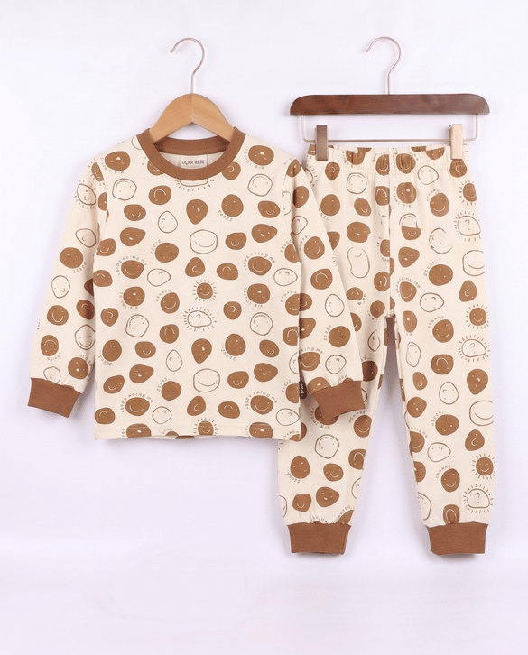 17558 Smiles Baskılı Sıfır Yaka Pijama Takımı KAHVE