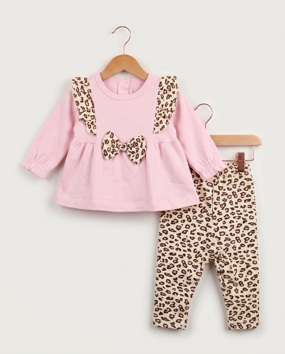 2123 Leoparlı 2'li kız Bebek Takım PEMBE