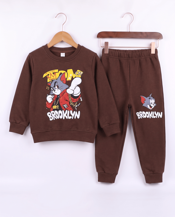 2450 Tom Ve Jerry Baskılı Şardonlu İkili Erkek Çocuk Takım ACI KAHVE