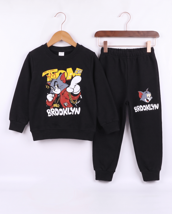 2450 Tom Ve Jerry Baskılı Şardonlu İkili Erkek Çocuk Takım SİYAH