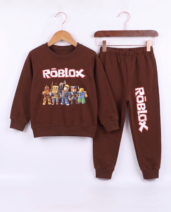 2485 Roblox Baskılı Şardonlu İkili Erkek Çocuk Takım ACI KAHVE
