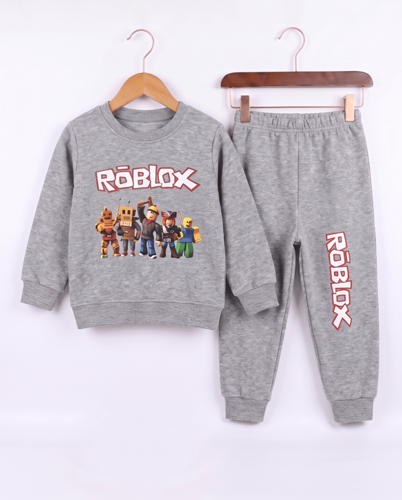 2485 Roblox Baskılı Şardonlu İkili Erkek Çocuk Takım GRİ