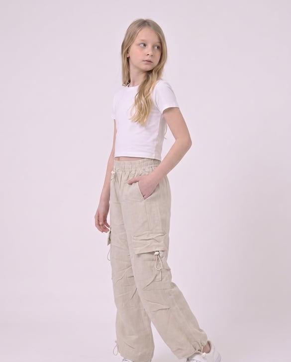 2572-2 Beli Lastikli Kargo Cepli Pantolon KREM