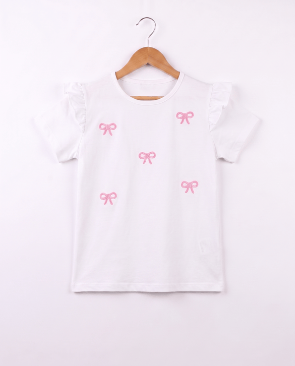 3077 Fiyonk Nakışlı Kız Çocuk T-Shirt PEMBE