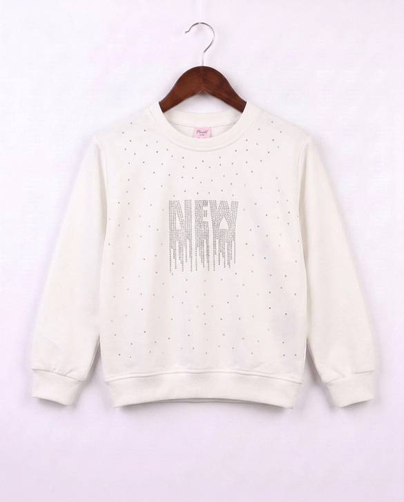 3929 New Taşlı İşlemeli Kız Sweat BEYAZ