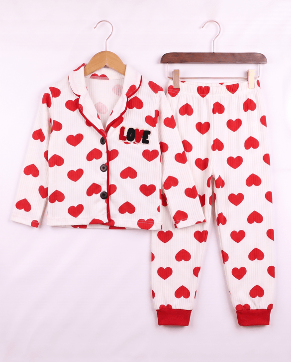 4046 Kalpli Love Düğmeli Üçlü Pijama KIRMIZI