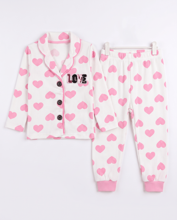 4046 Kalpli Love Düğmeli Üçlü Pijama PEMBE