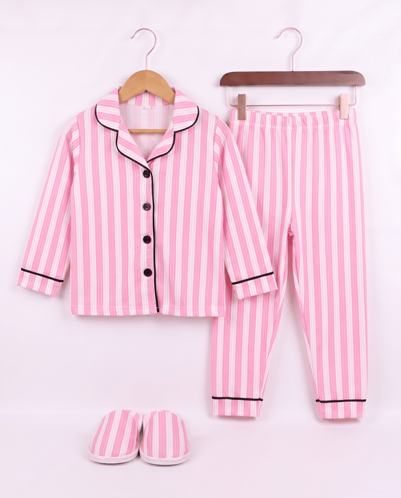 4091 Çizgili Terlikli DÜğmeli Üçlü Pijama Takımı PEMBE