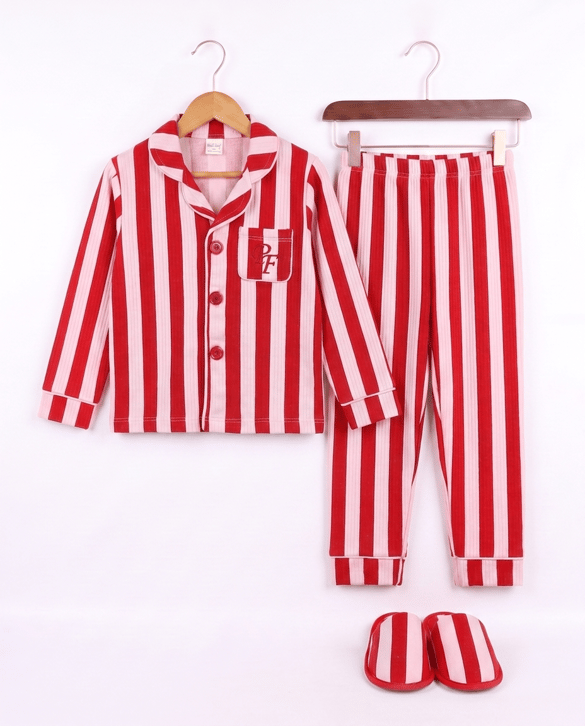 5082 Çizgili Terlikli Pijama Takımı PEMBE