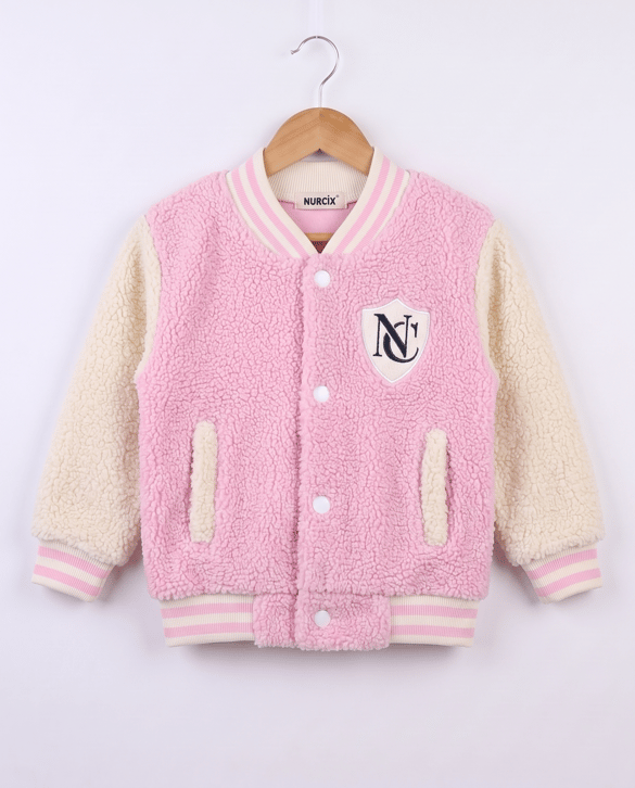 5194-1 Peluş Kumaş N Nakışlı Kolej Ceket PEMBE