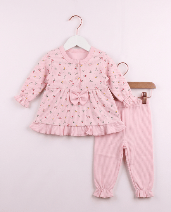 6051 Çiçek Desenli Fırfırlı Bebe Takım PEMBE