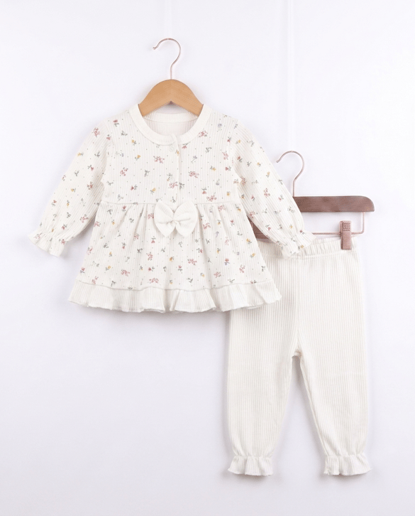 6051 Çiçek Desenli Fırfırlı Bebe Takım KREM