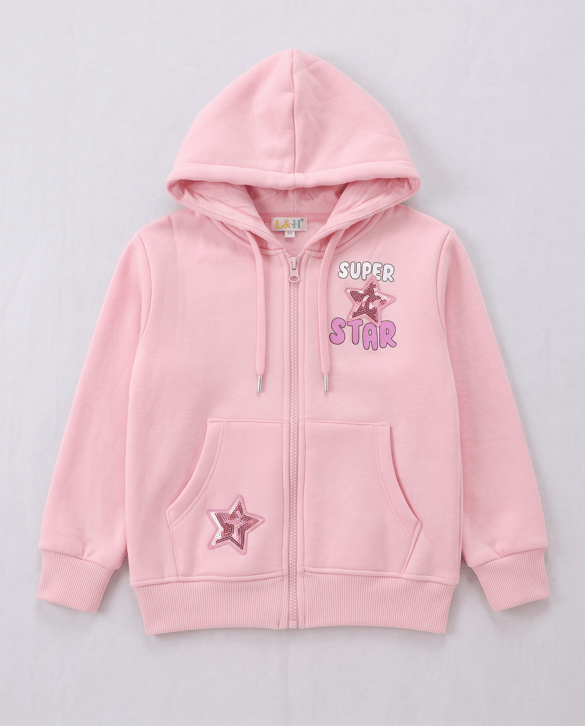 6264345 Süper Star Baskılı Fermuarlı Üç İplik Şardonlu Sweat PEMBE