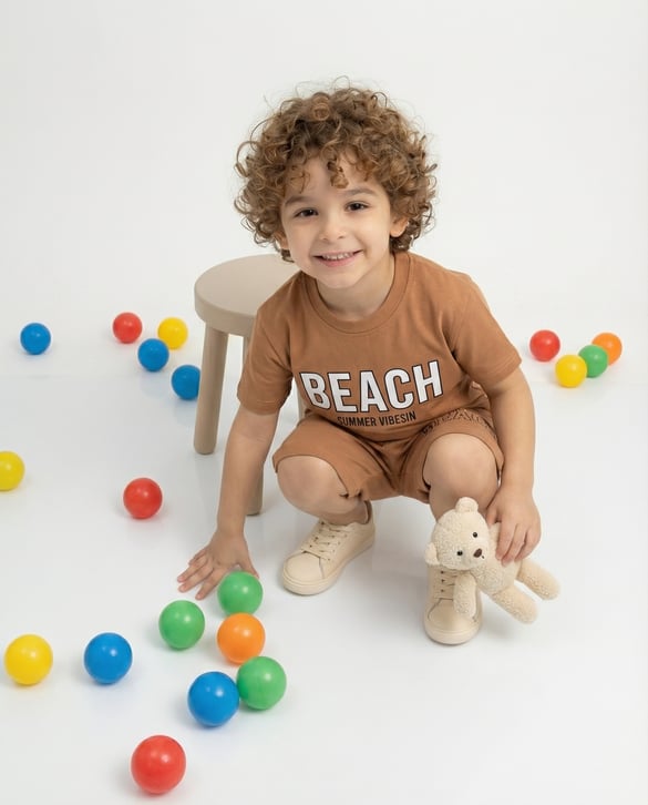 80135 Beach Baskılı Şortlu İkili Erkek Çocuk Takım KAHVE
