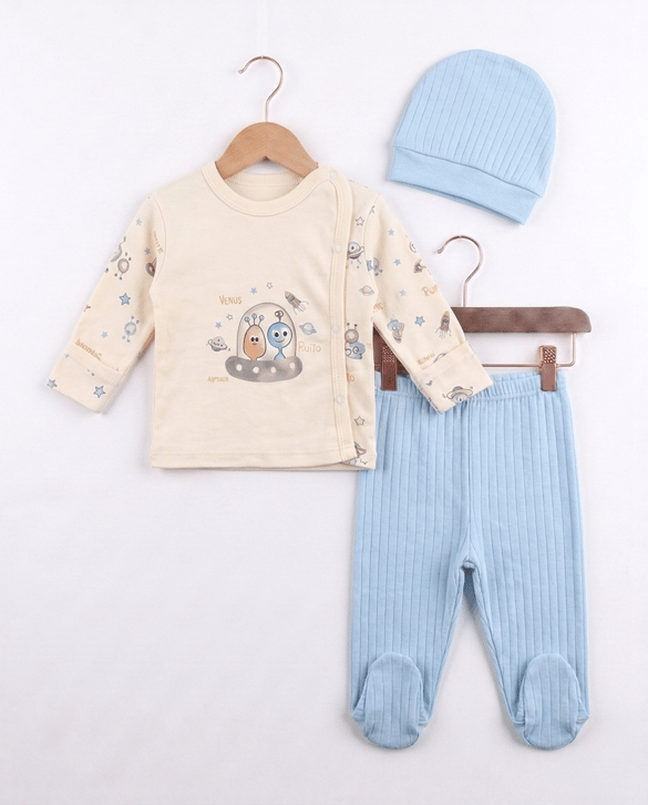 9454 Uzaylı Desenli Kendinden Eldivenli Üçlü Bebe Zıbın Takım MAVİ