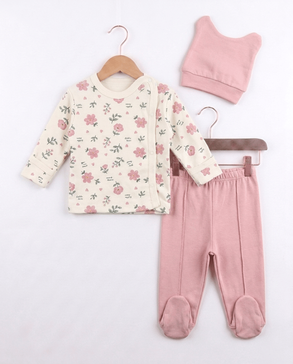 9460 Papatya Desenli Kendinden Eldivenli Üçlü Bebe Zıbın Takım GÜLK