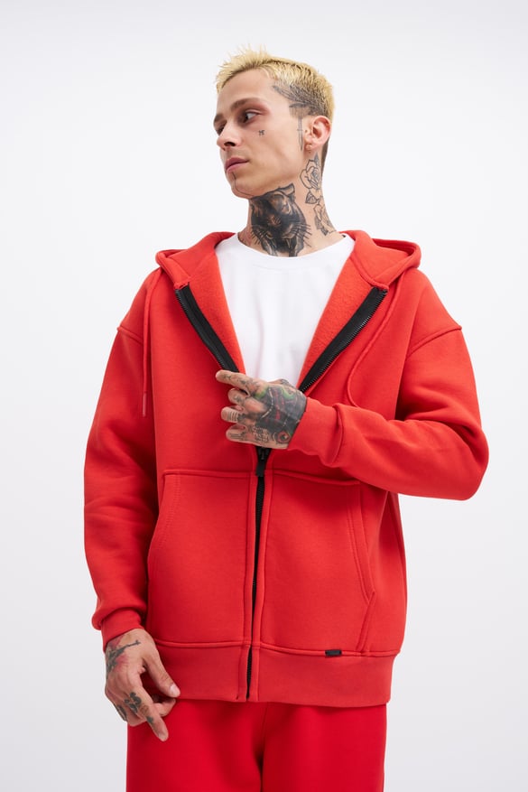 Erkek Basic Fermuarlı Cepli Kapüşonlu Oversize Açık Kırmızı Sweatshirt