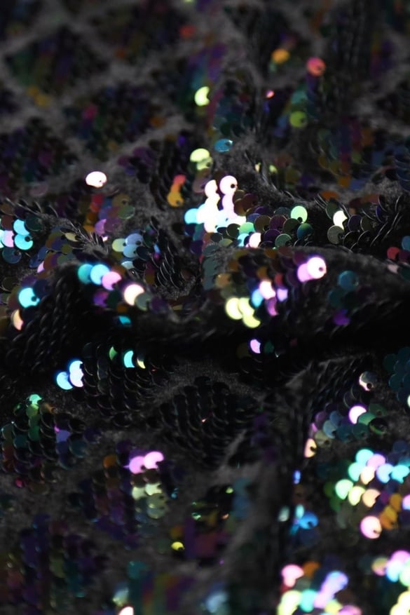 Kadife Baklava Desen Hologram Pullu Siyah Kadife Örme Abiye Kumaş